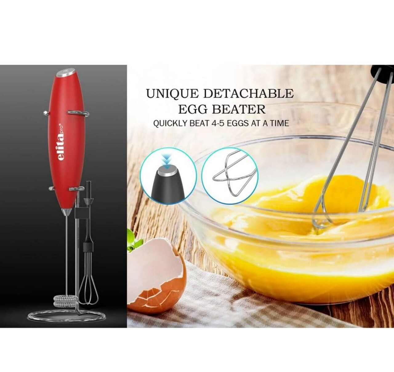 ULTRA-HIGH-SPEED 19,000 RPM, Milk Frother DOUBLE WHISK, Unique Detachable EGG BEATER and STAND For quick preparation (Black)